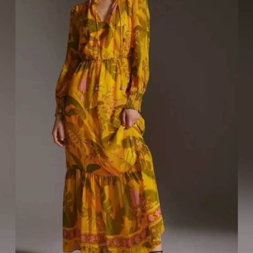 Farm Rio Anthropologie Xs maxi nwt boho chic beaded lined long sleeve floral